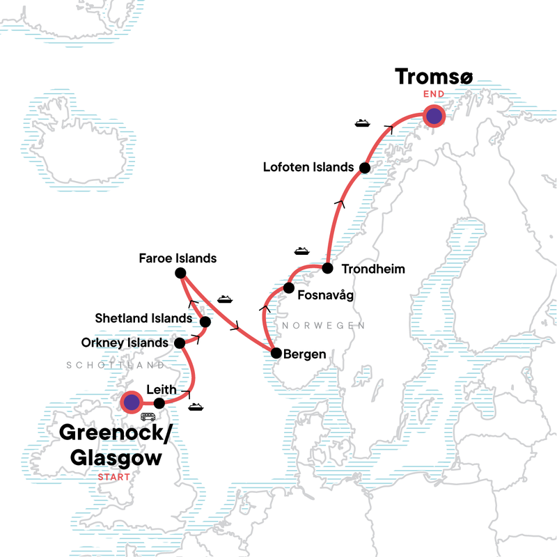 Map of the route for In the Wake of the Vikings: Orkney, Shetland & the Faroe Islands